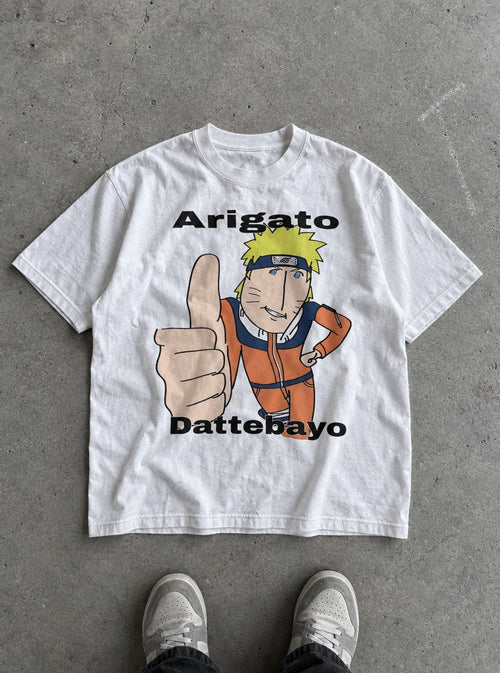 Arigato Dattebayo – White Tee – flat-lay | Meme Tees