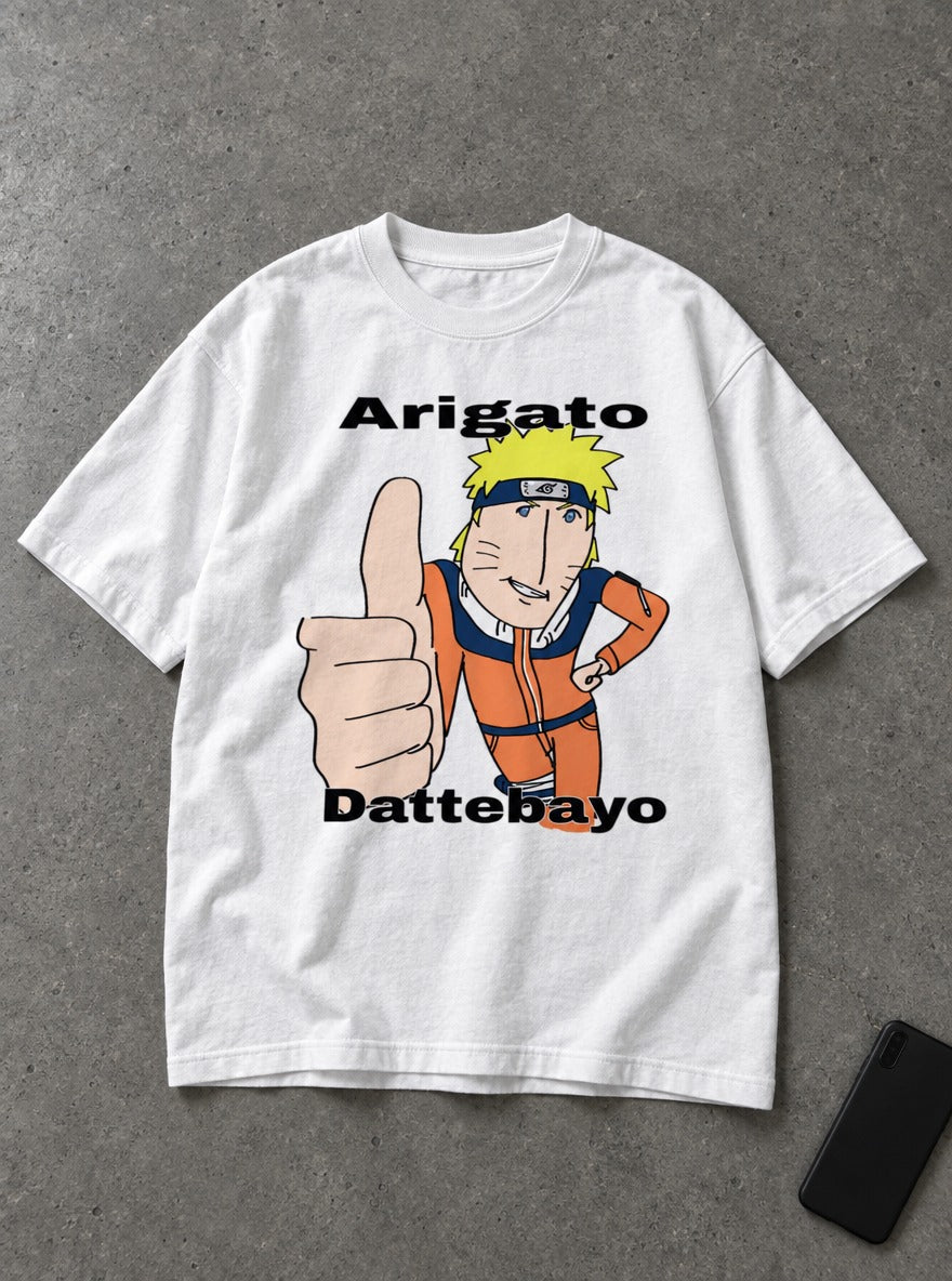 Arigato Dattebayo – White Tee – flat-lay | Meme Tees