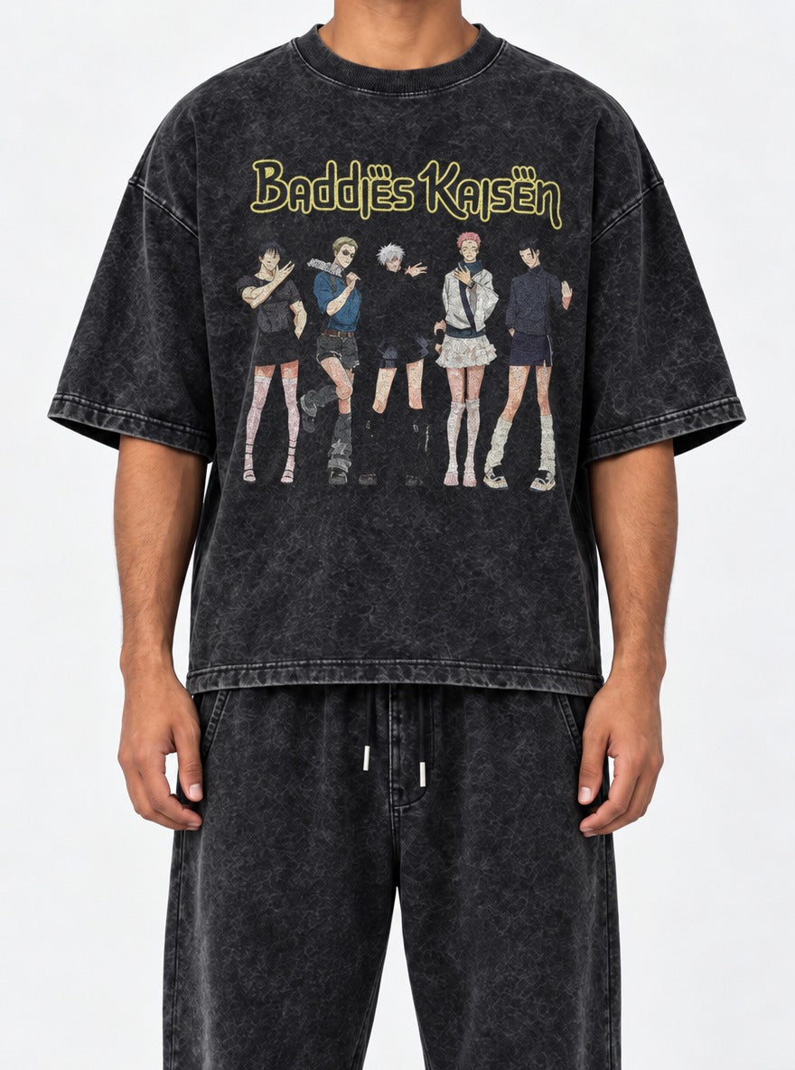 Baddies – Black Acid Wash Tee – model shot | Meme Tees