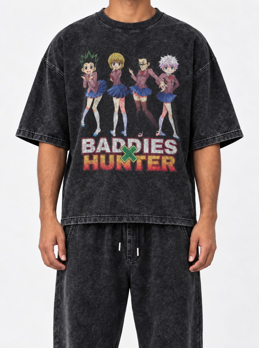Baddies x Hunter – Black Acid Wash Tee – model shot | Meme Tees