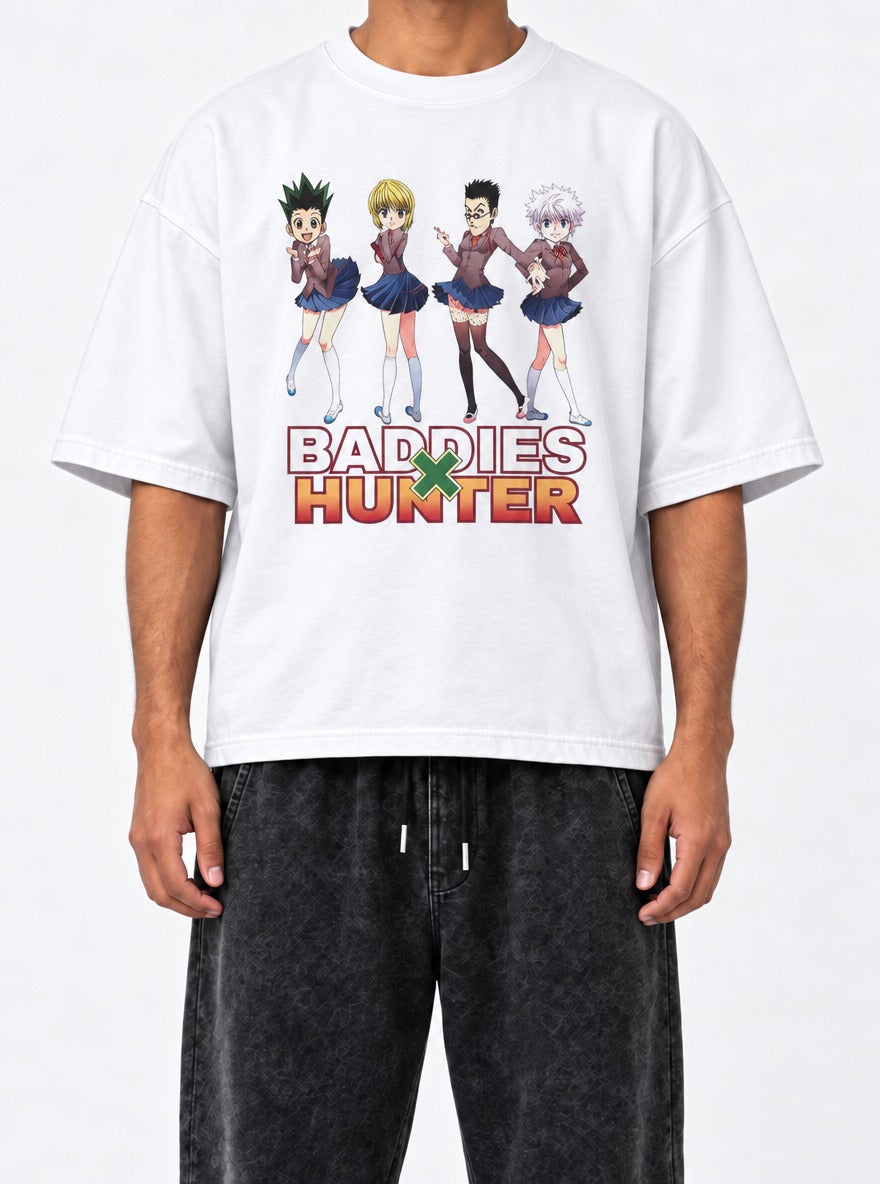 Baddies x Hunter – White Tee – model shot | Meme Tees