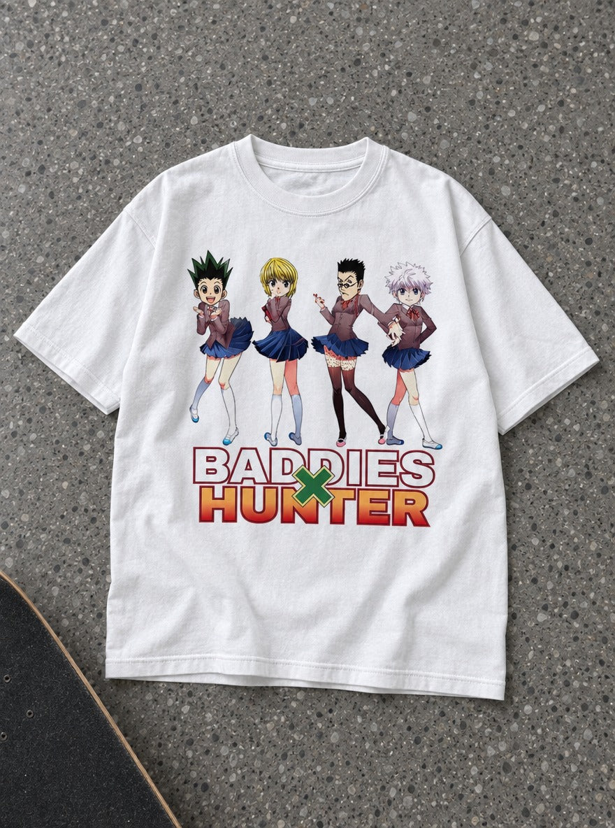 Baddies x Hunter – White Tee – flat-lay | Meme Tees