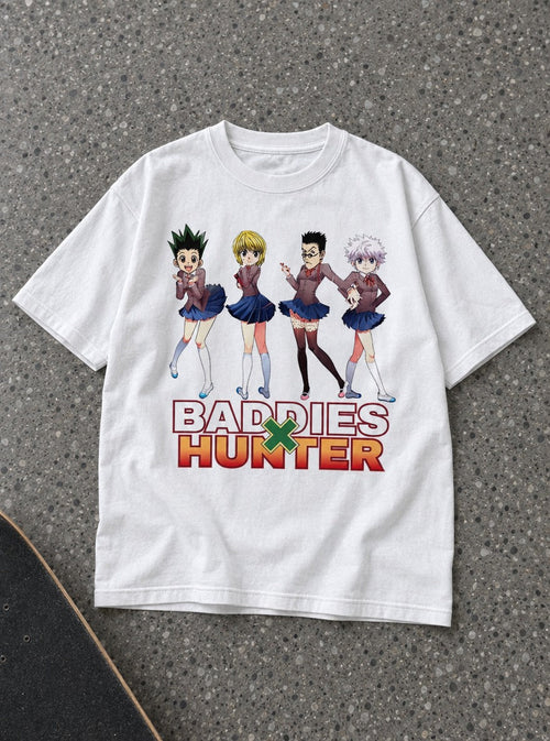 Baddies x Hunter – White Tee – flat-lay | Meme Tees