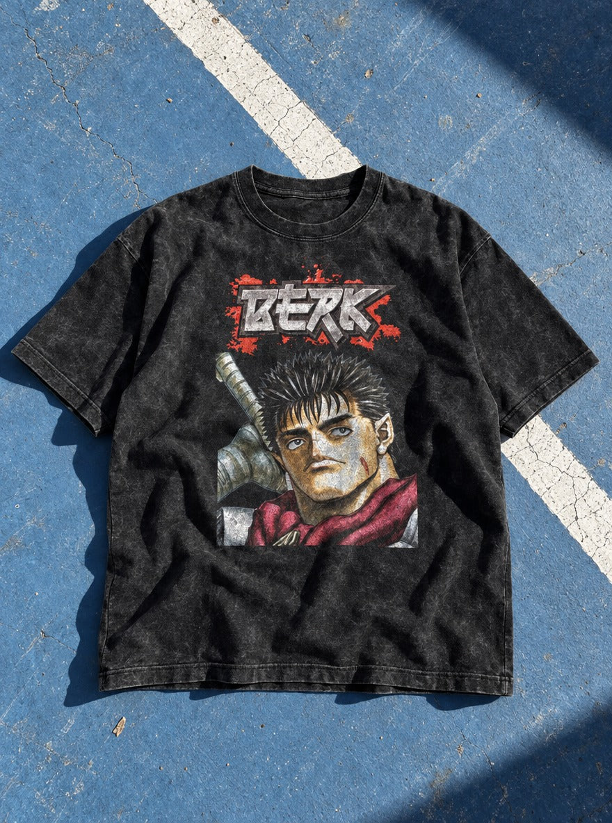 Berk – Black Acid Wash Tee – flat-lay | Meme Tees