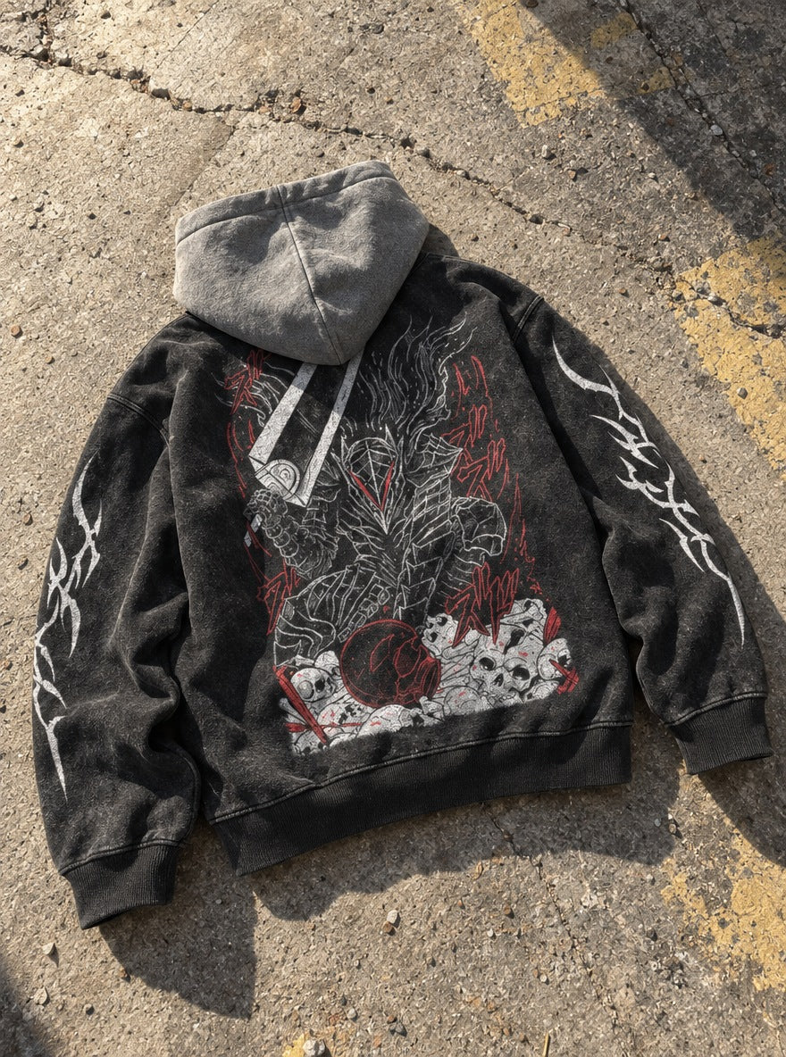 Berserker Skull Pile – Black & Grey Hoodie – flat-lay | Berserk