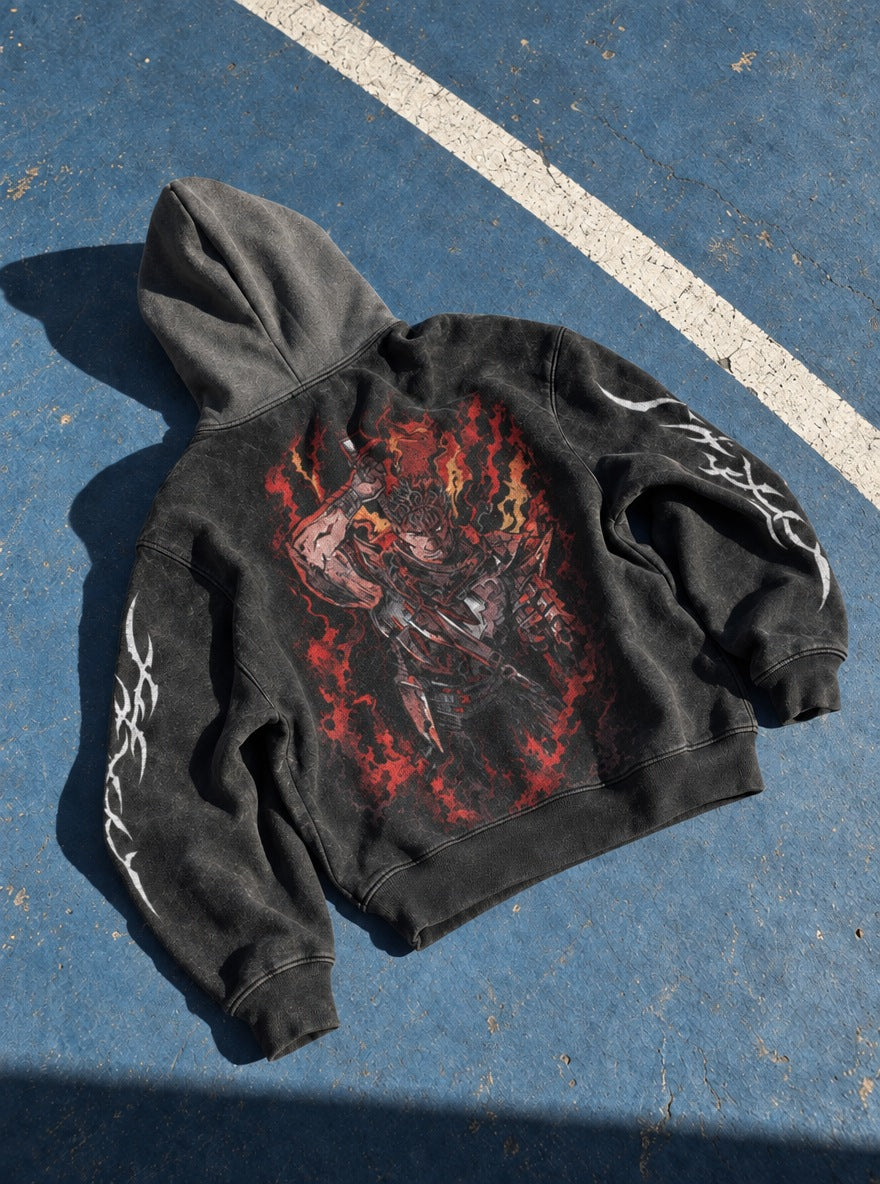 Blazing Guts – Black & Grey Hoodie – flat-lay | Berserk
