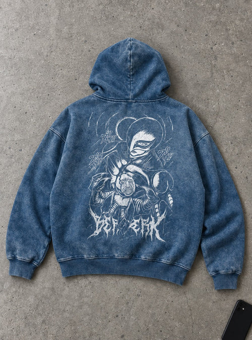 Blue Faded Hoodie – Hawk Helm Behelit – flat-lay | Berserk
