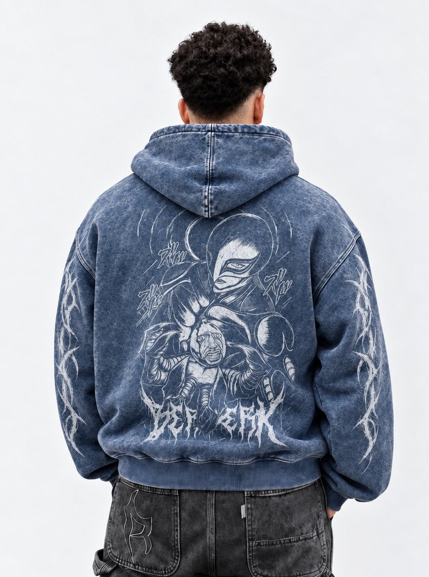 Blue Faded Hoodie – Hawk Helm Behelit – model shot | Berserk