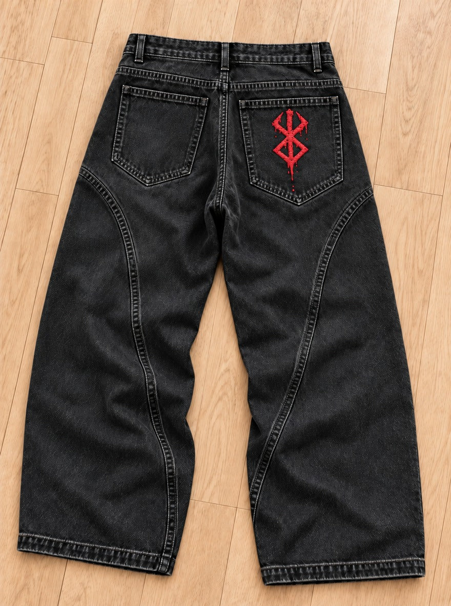 Berserk Embroidered Pocket Jeans – Bleeding Brand – back flat-lay | Berserk