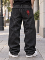 Berserk Embroidered Pocket Jeans – Bleeding Brand – worn back view | Berserk