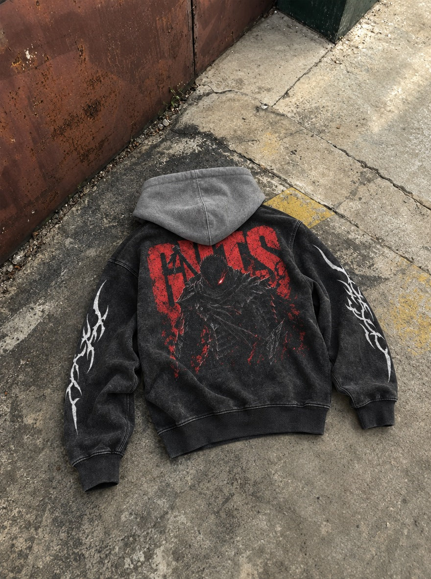 Guts Red Title – Black & Grey Hoodie – flat-lay | Berserk