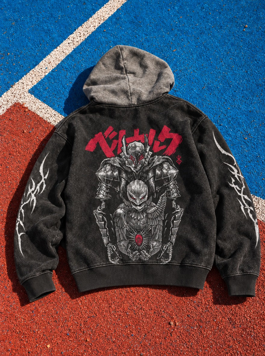 Katakana Armor – Black & Grey Hoodie – flat-lay | Berserk