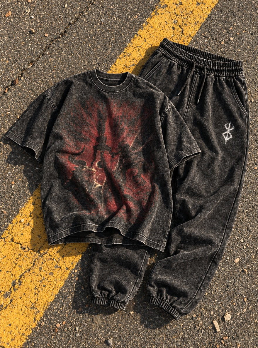 Black Swordsman Tee & Joggers Combo – Guts vs Zodd – flat-lay | Berserk