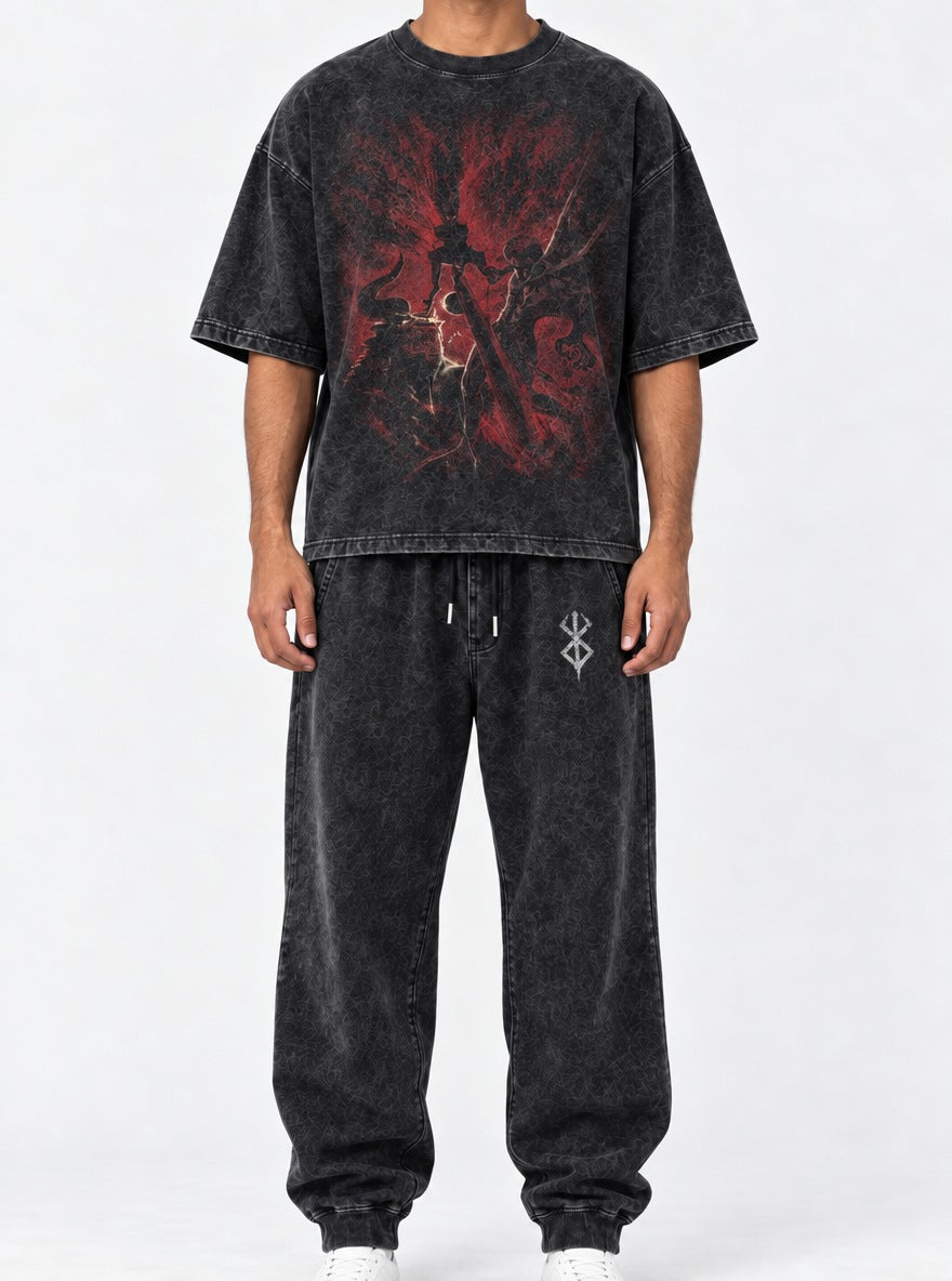 Black Swordsman Tee & Joggers Combo – Guts vs Zodd – model shot | Berserk