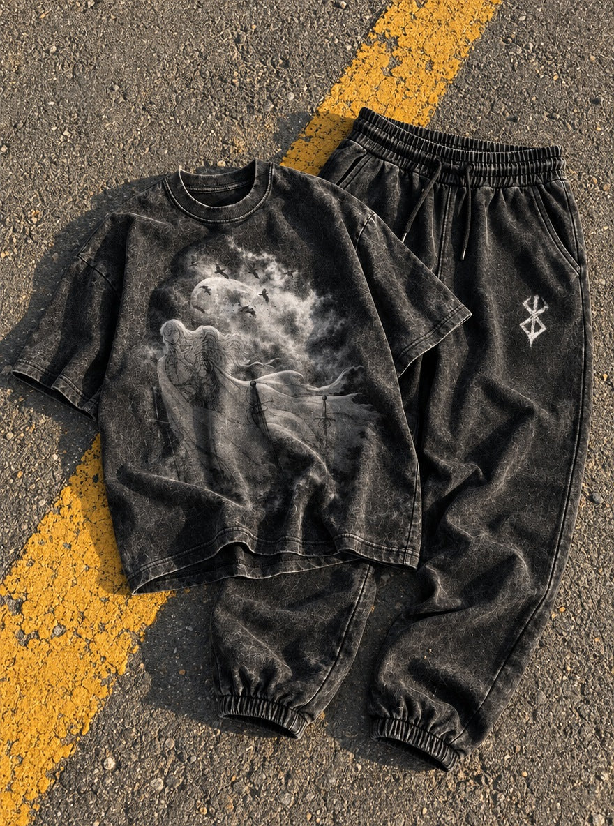 Black Swordsman Tee & Joggers Combo – Moonlit Griffith – flat-lay | Berserk