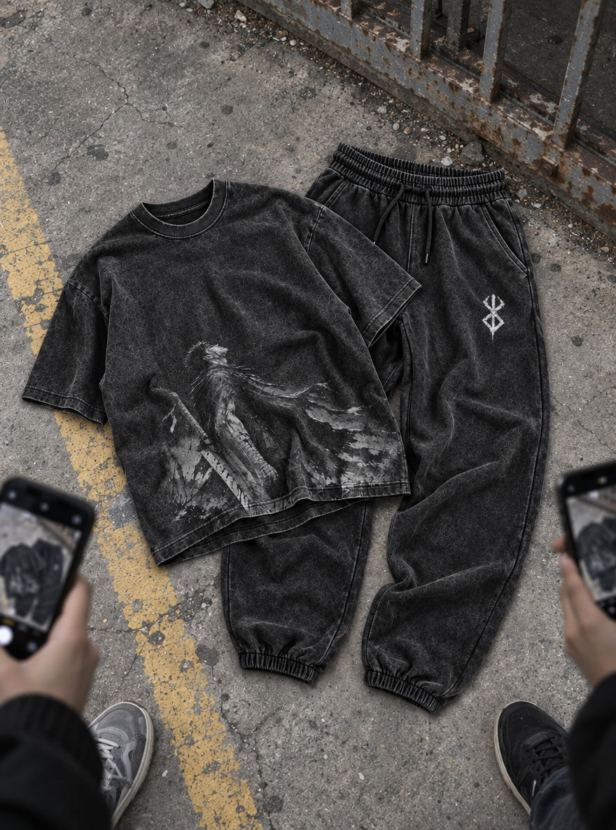 Black Swordsman Tee & Joggers Combo – Black Swordsman – flat-lay | Berserk