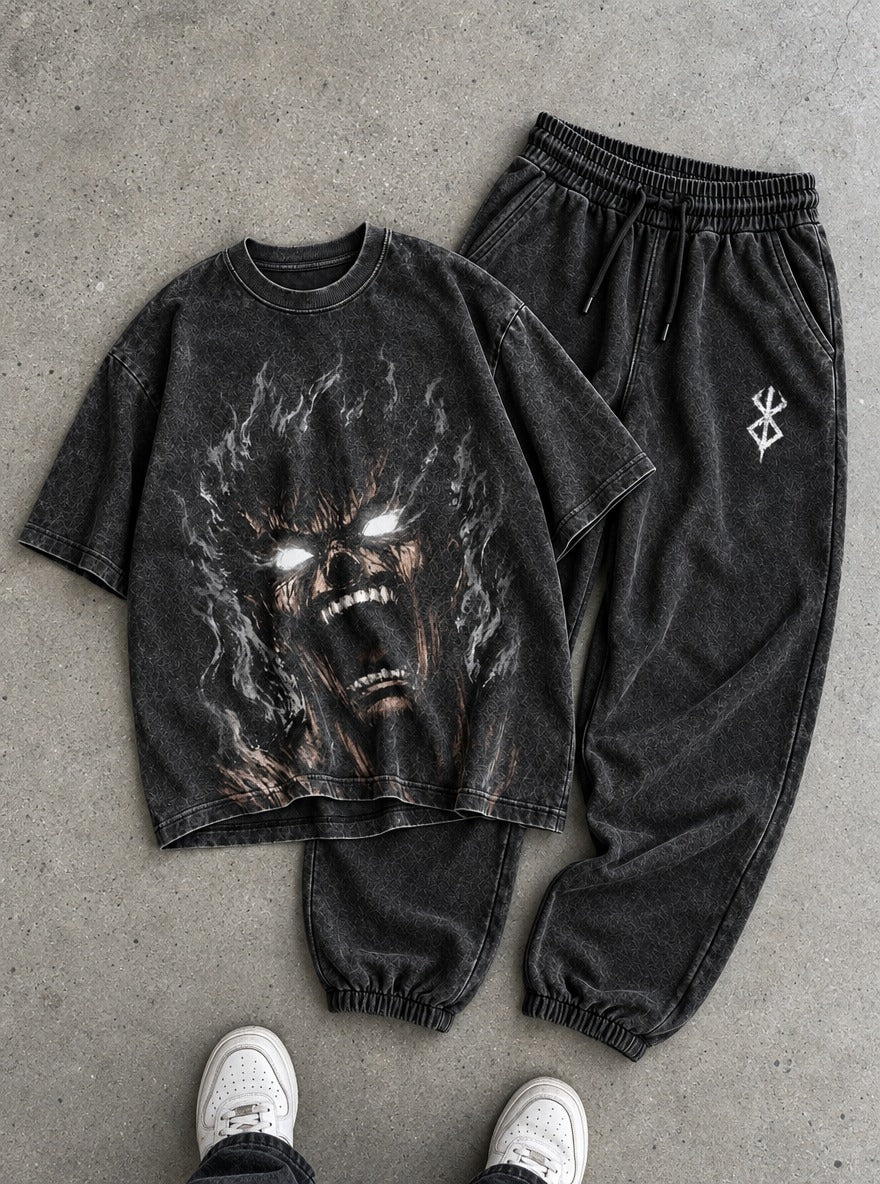 Black Swordsman Tee & Joggers Combo – Guts Rage Scream – flat-lay | Berserk