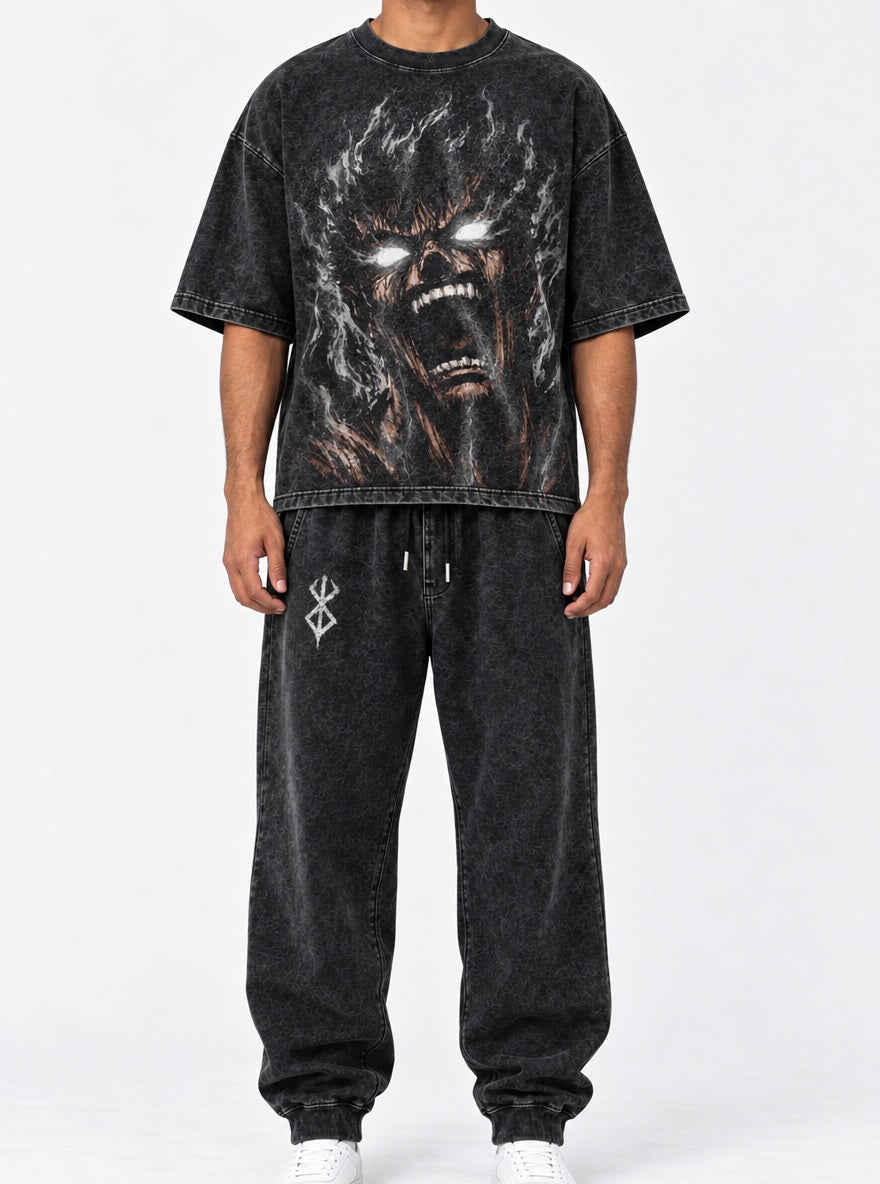 Black Swordsman Tee & Joggers Combo – Guts Rage Scream – model shot | Berserk