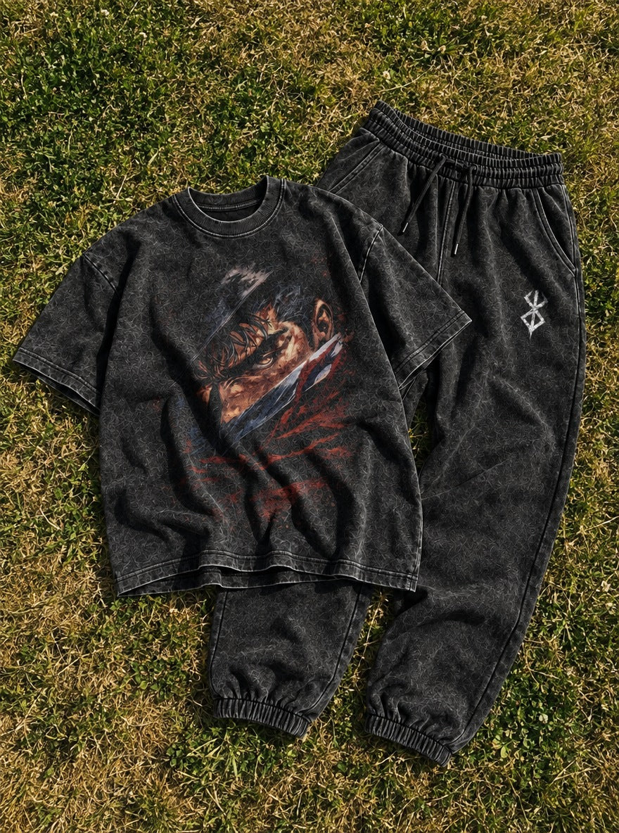 Black Tee & Joggers Combo – Guts Blade Glare – flat-lay | Berserk