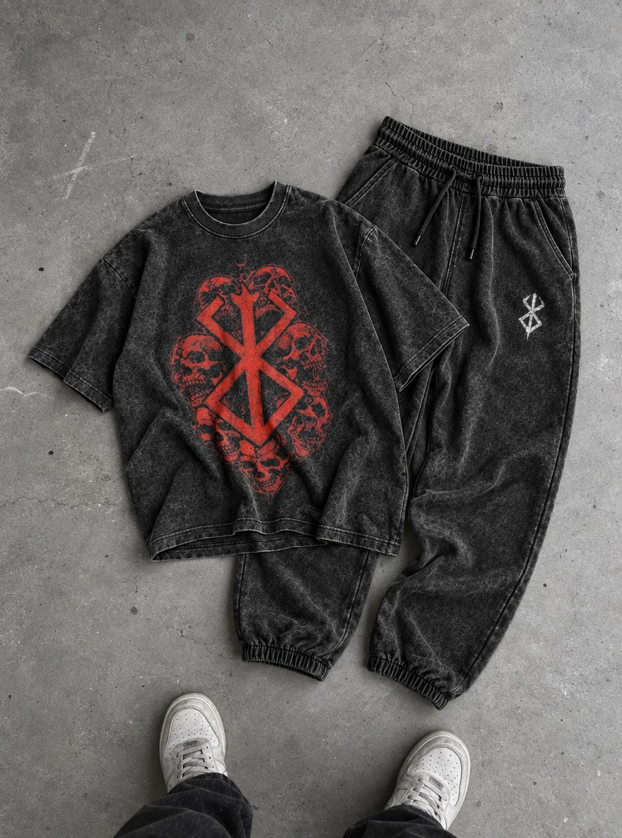 Black Tee & Joggers Combo – Skull Brand – flat-lay | Berserk
