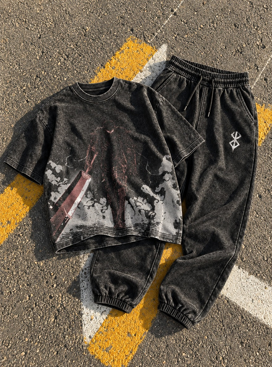 Black Tee & Joggers Combo – Berserker Mist Walk – flat-lay | Berserk
