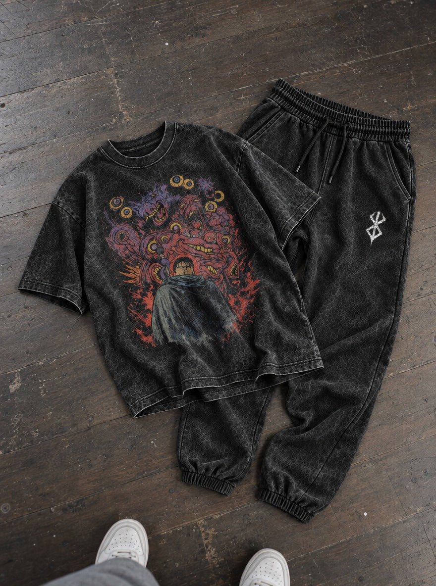 Black Tee & Joggers Combo – Guts Demon Swarm – flat-lay | Berserk