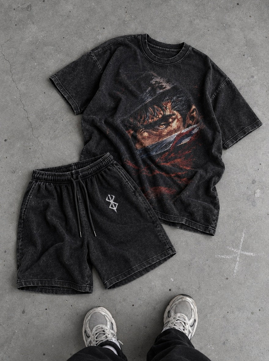 Black Tee & Shorts Combo – Guts Blade Glare – flat-lay | Berserk