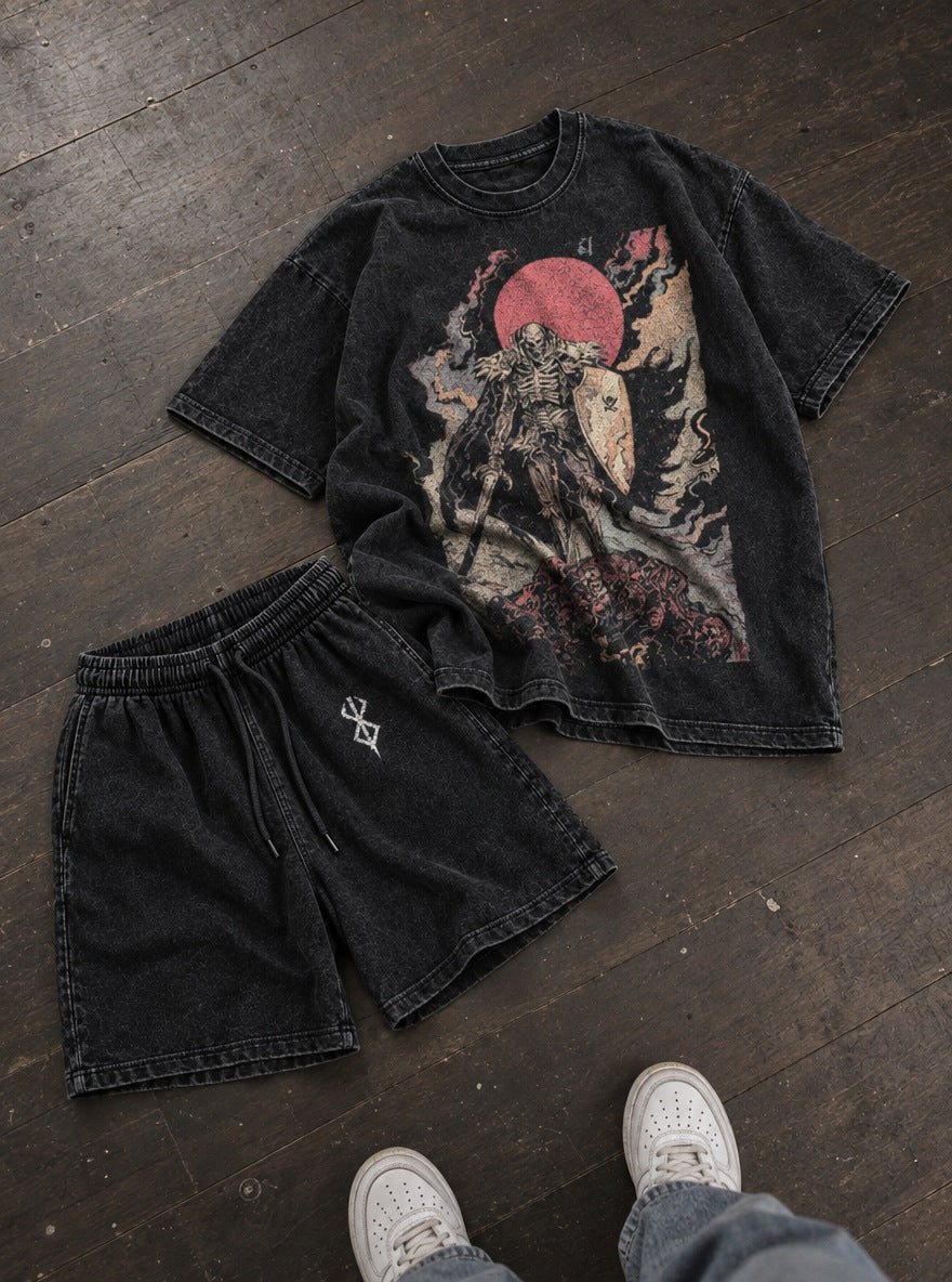 Black Tee & Shorts Combo – Skull Knight Sunset – flat-lay | Berserk