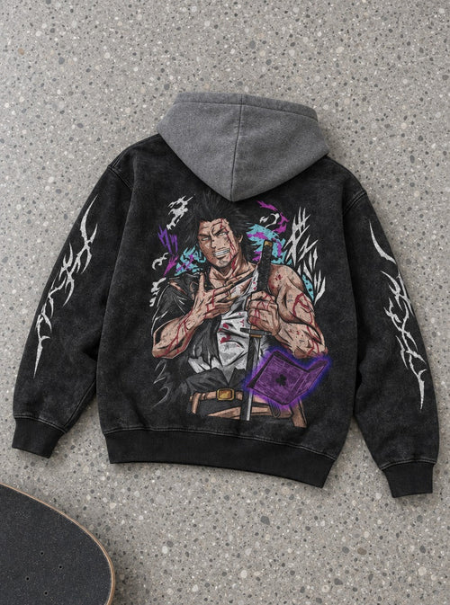 Bloodied Yami – Black & Grey Hoodie – flat-lay | Black Clover