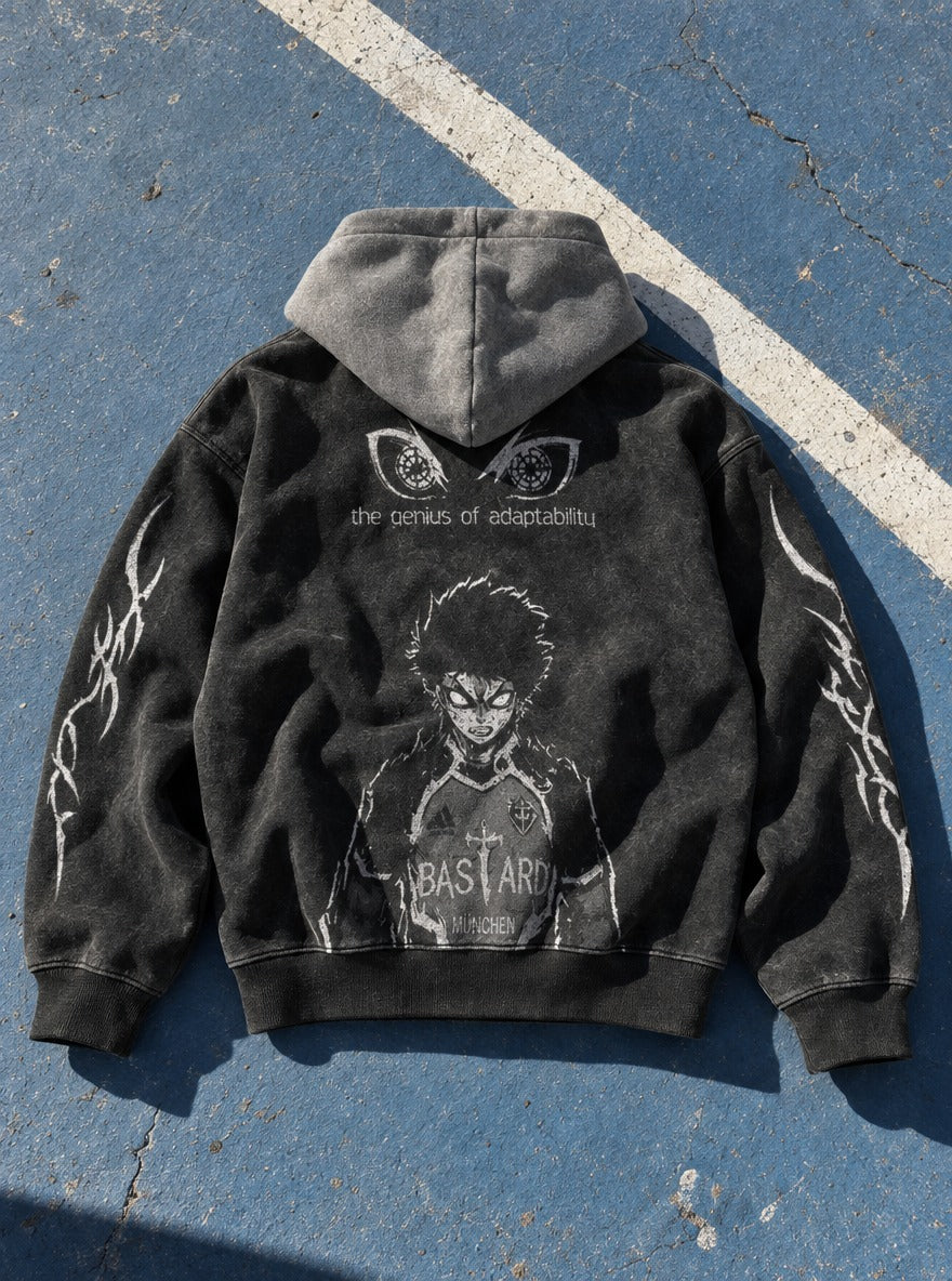 Cross Emblem – Black & Grey Hoodie – flat-lay | Blue Lock