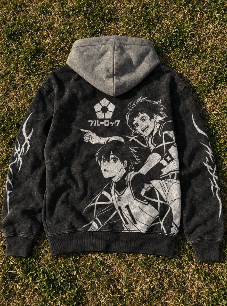 Dual Crest – Black & Grey Hoodie – flat-lay | Blue Lock