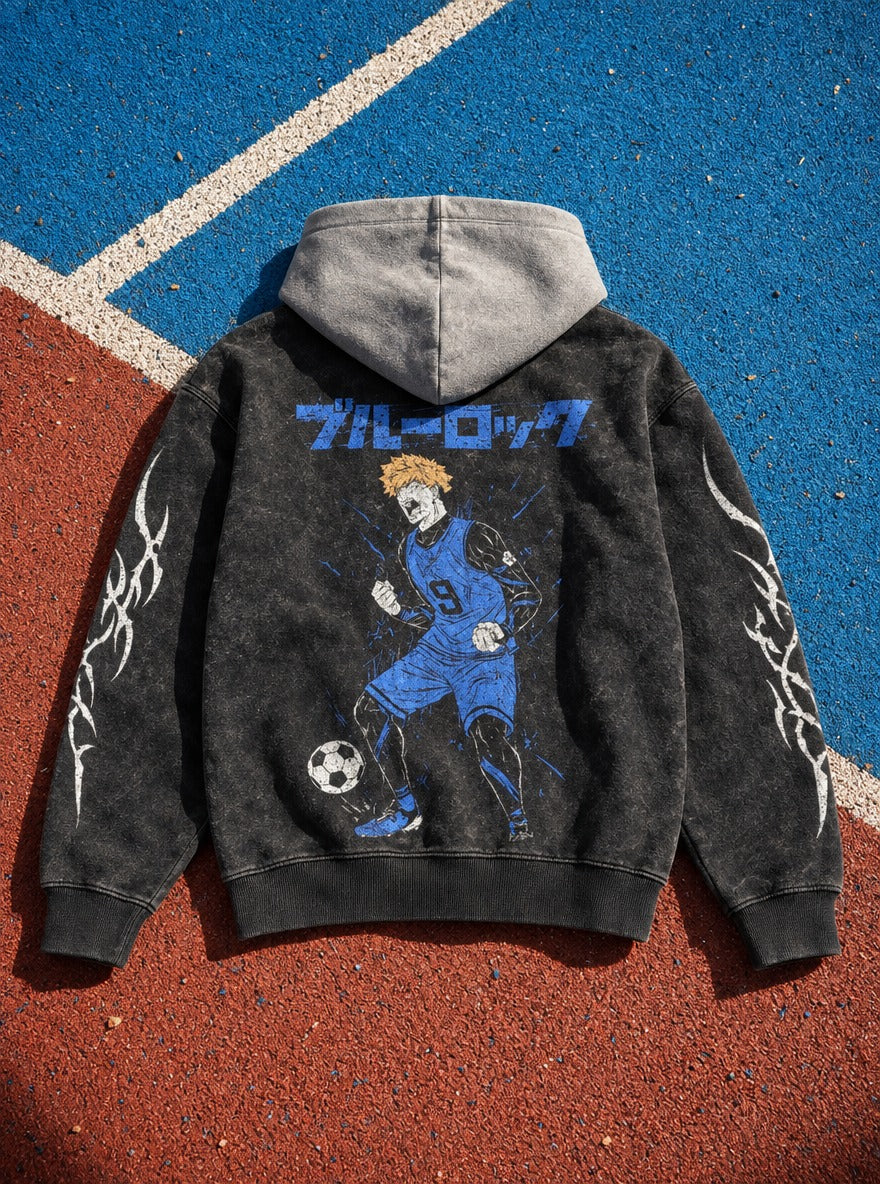 Fiery Nine – Black & Grey Hoodie – flat-lay | Blue Lock
