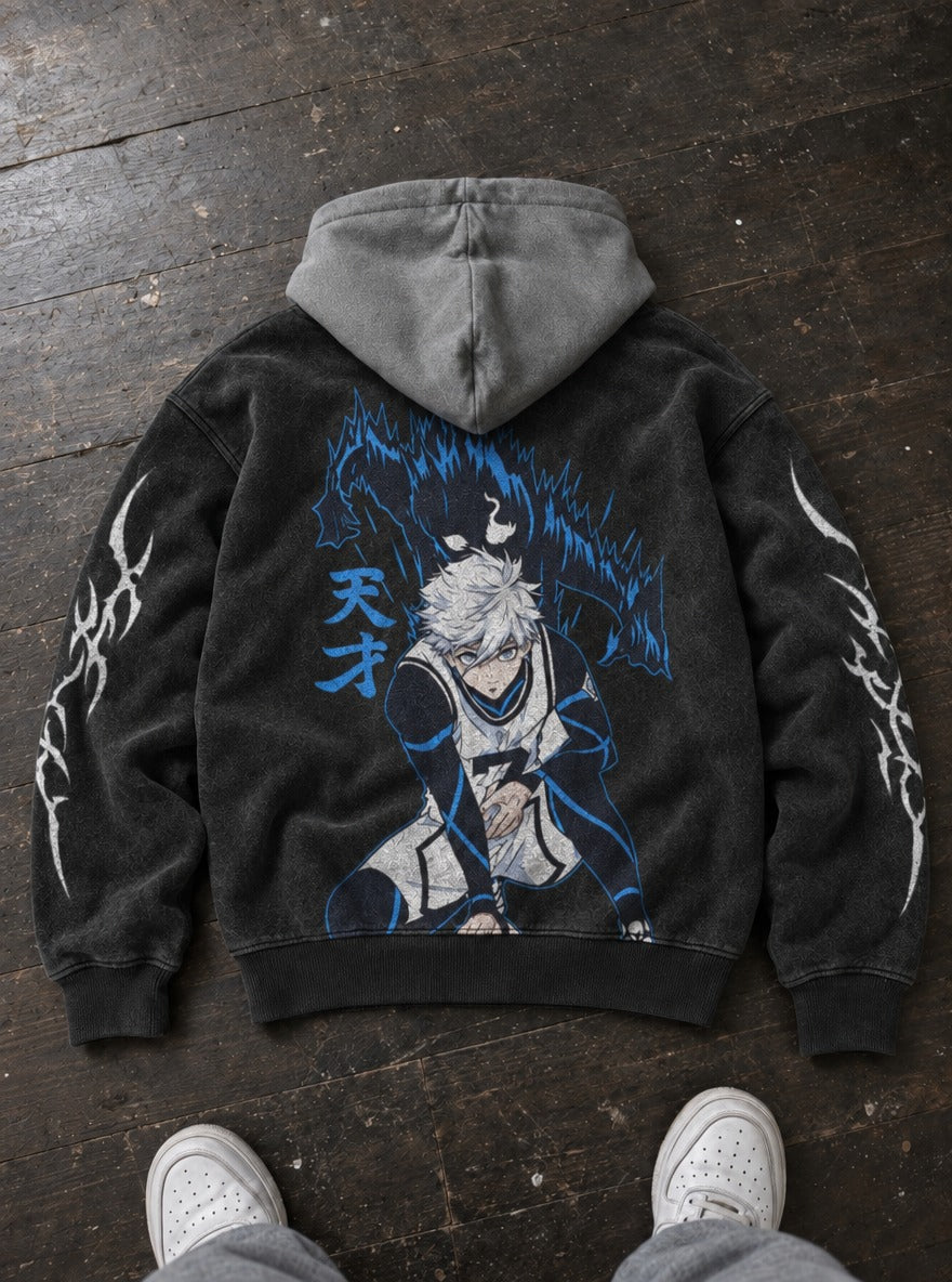 Genius Wolf – Black & Grey Hoodie – flat-lay | Blue Lock