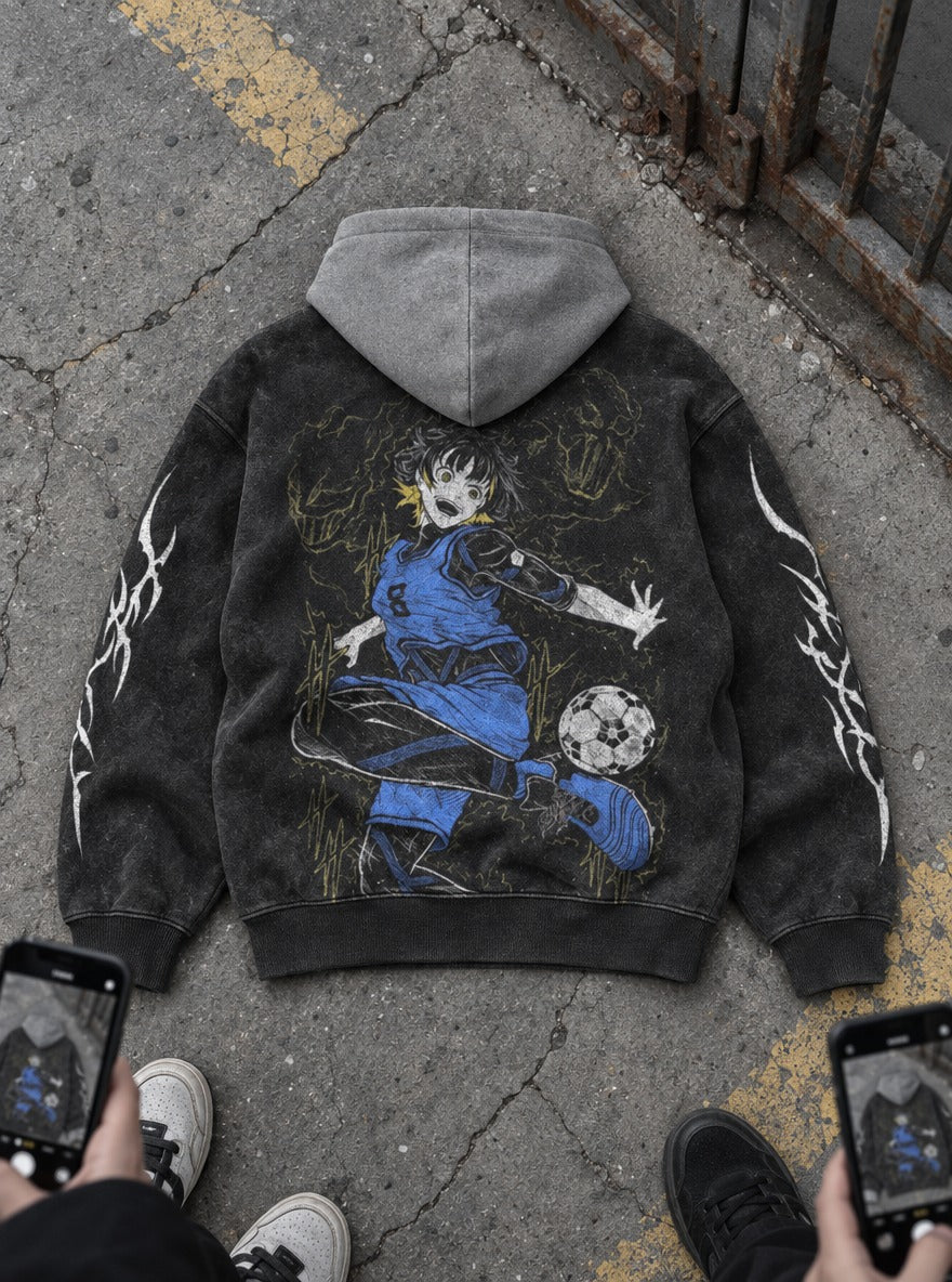Yellow Flash – Black & Grey Hoodie – flat-lay | Blue Lock