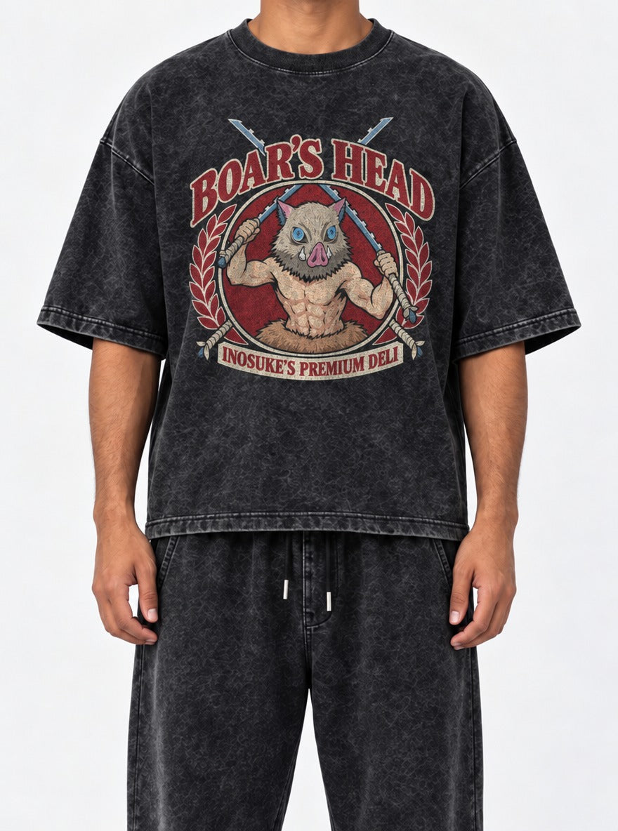 Boar's Head – Black Acid Wash Tee – model shot | Meme Tees