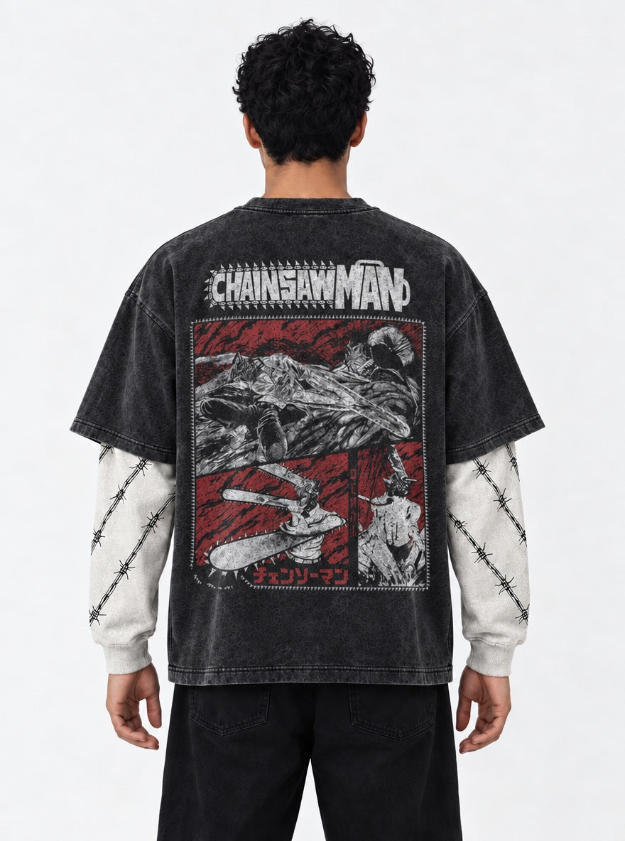 Denji Battle Panels – Double Sleeves – model shot | Chainsaw Man