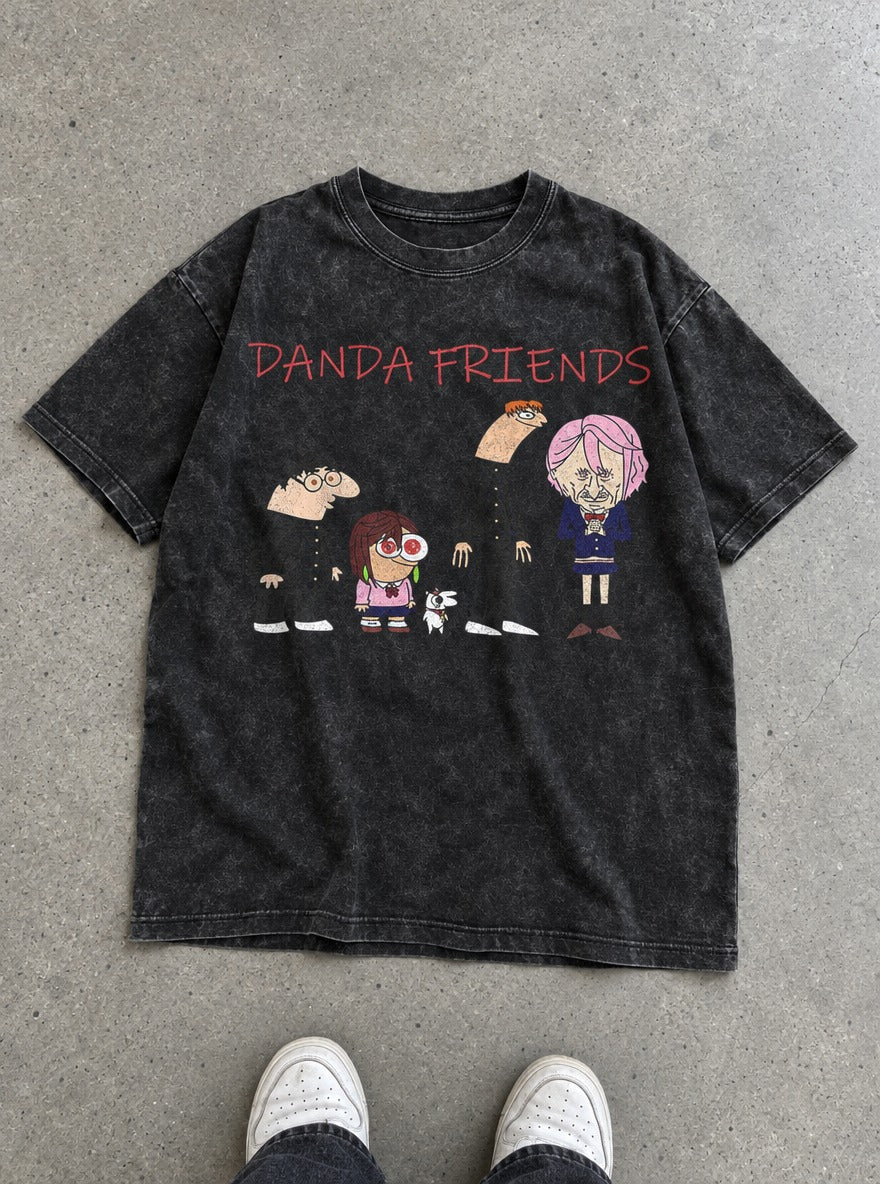 Danda Friends – Black Acid Wash Tee – flat-lay | Dandadan