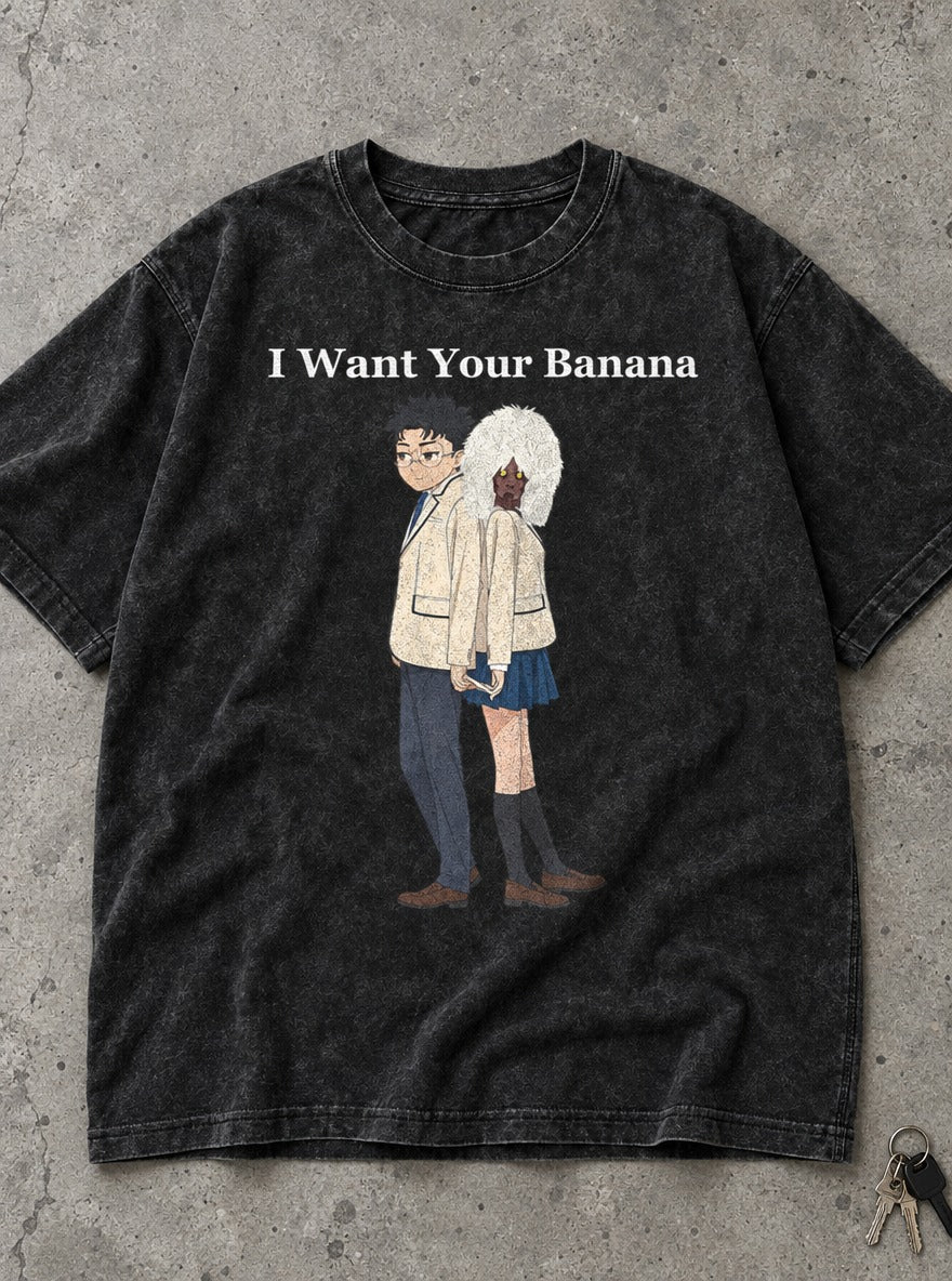I Want Your Banana – Black Acid Wash Tee – flat-lay | Dandadan