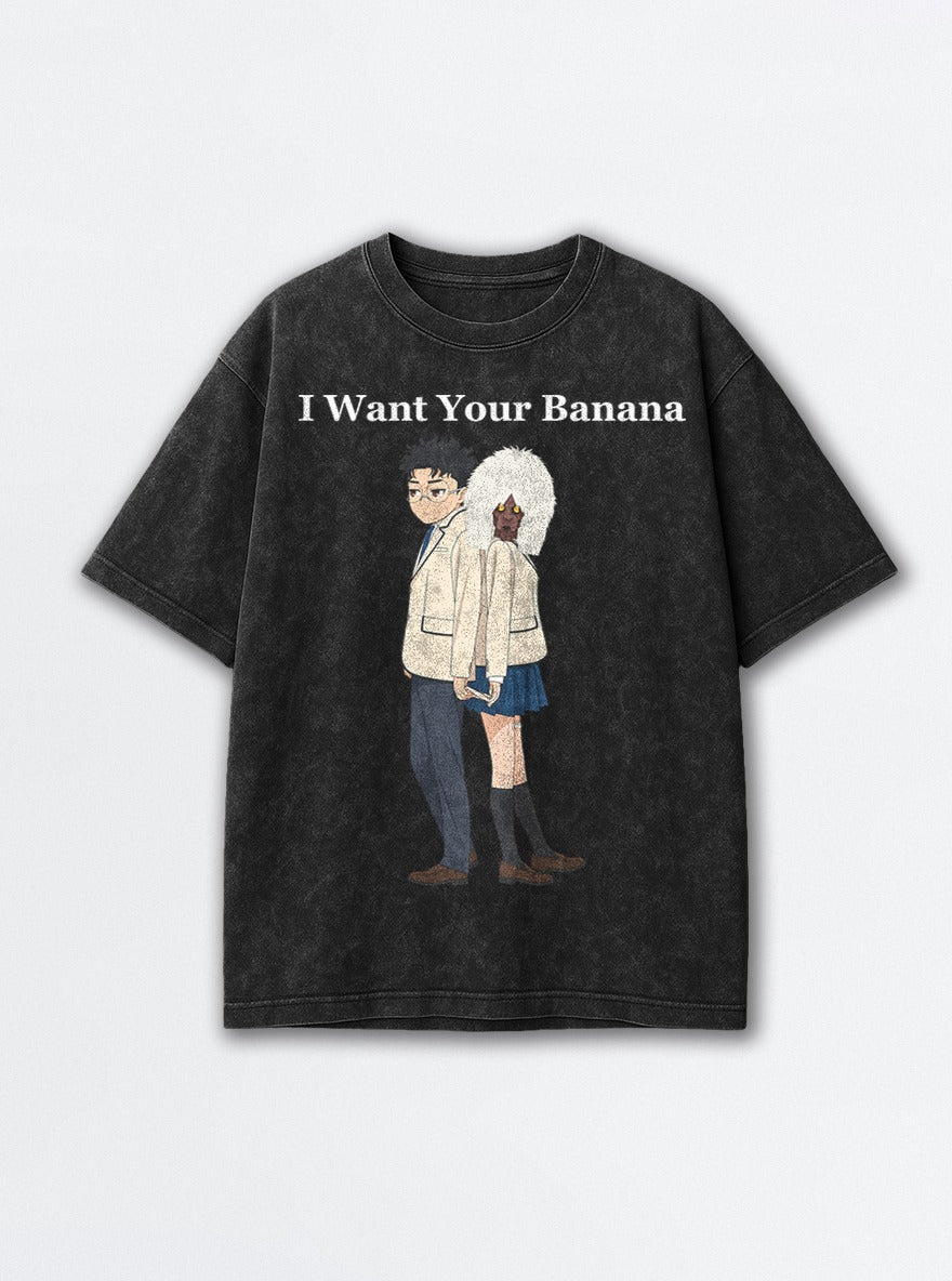 I Want Your Banana – Black Acid Wash Tee – mockup | Dandadan