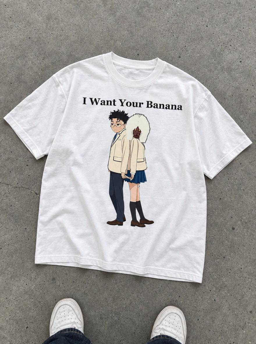 I Want Your Banana – White Tee – flat-lay | Dandadan