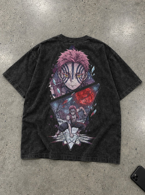 Akaza Crimson – Black T-Shirt – flat-lay | Demon Slayer