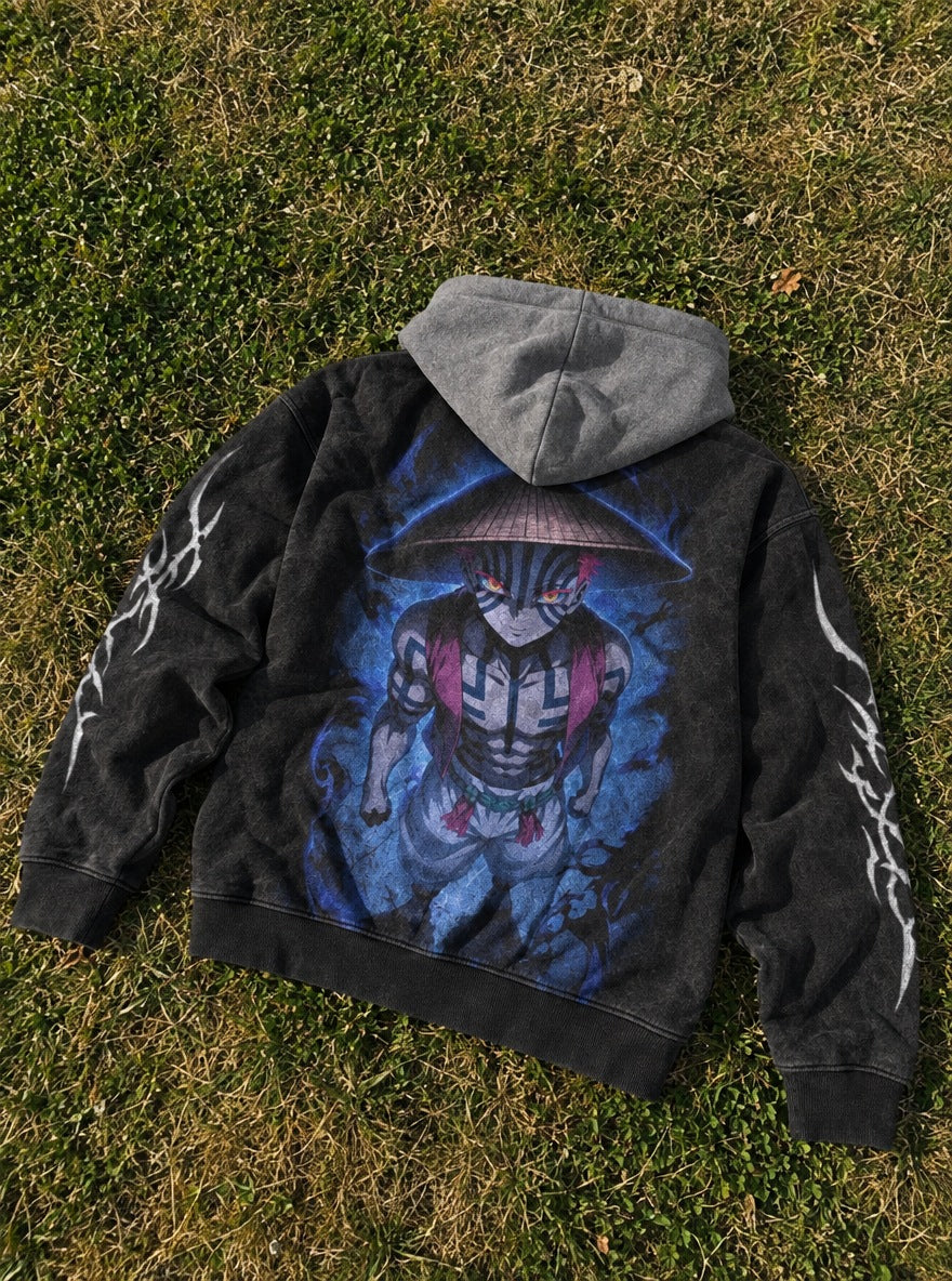 Akaza Hat – Black & Grey Hoodie – flat-lay | Demon Slayer