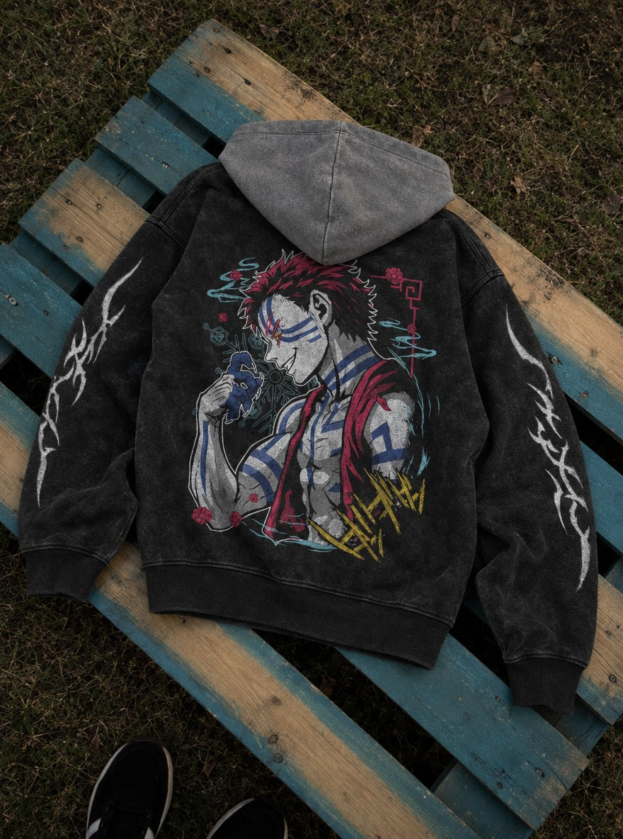 Akaza Unleashed – Black & Grey Hoodie – flat-lay | Demon Slayer