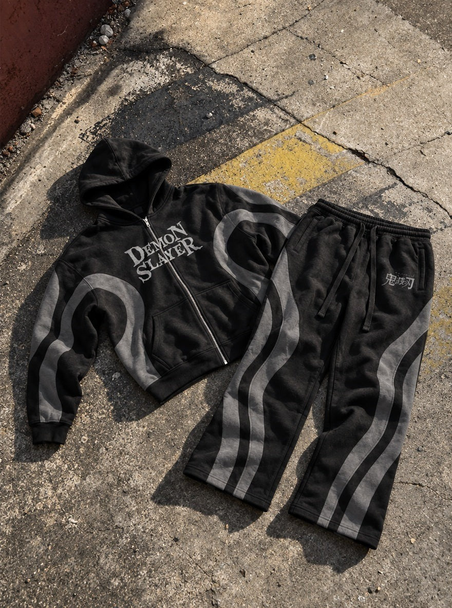 Black & Grey Co-ord Set – Demon Slayer Logo – flat-lay | Demon Slayer