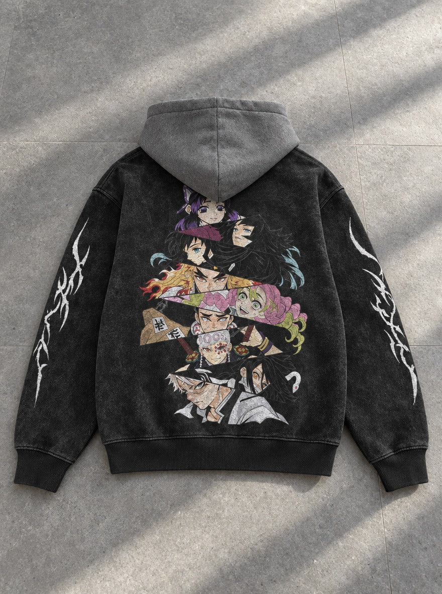 Blade Stack – Black & Grey Hoodie – flat-lay | Demon Slayer