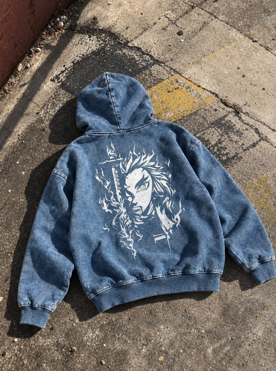 Blue Faded Hoodie – Rengoku Ember – flat-lay | Demon Slayer