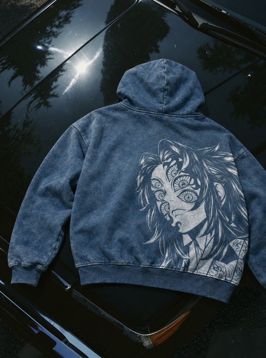 Blue Faded Hoodie – Kokushibo – flat-lay | Demon Slayer