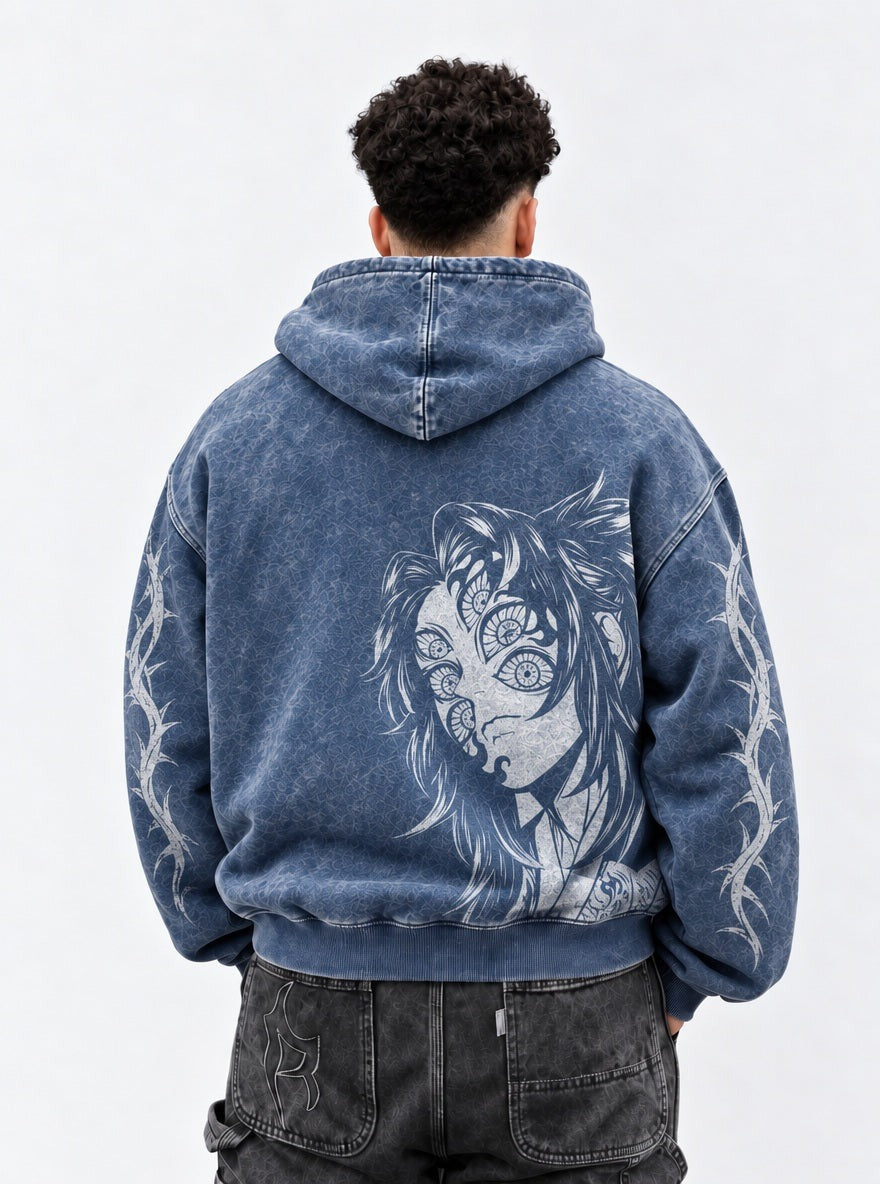 Blue Faded Hoodie – Kokushibo – model shot | Demon Slayer
