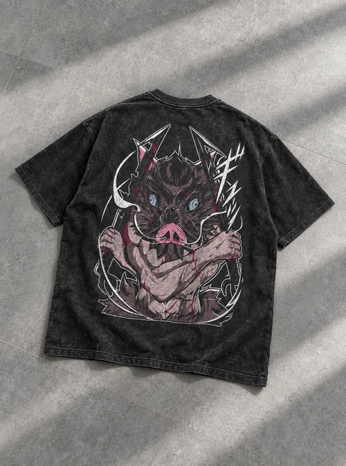 Boar Head – Black T-Shirt – flat-lay | Demon Slayer