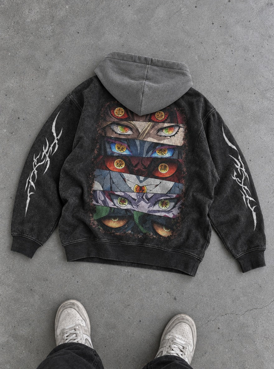 Demon Eyes – Black & Grey Hoodie – flat-lay | Demon Slayer